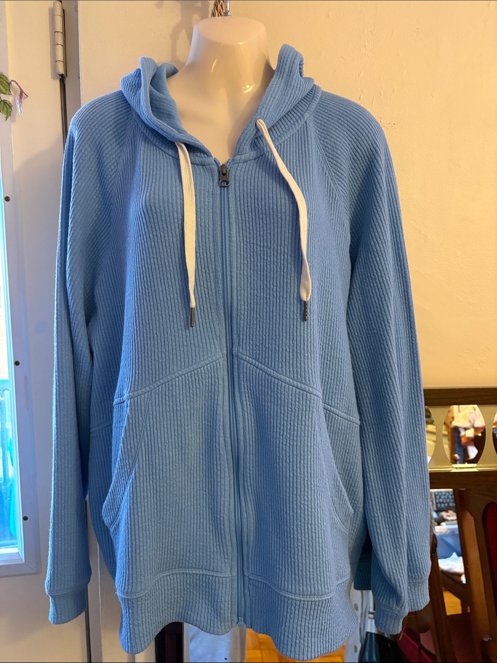 Light Blue Ribbed Zip-Up Hoodie with Drawstring Hood